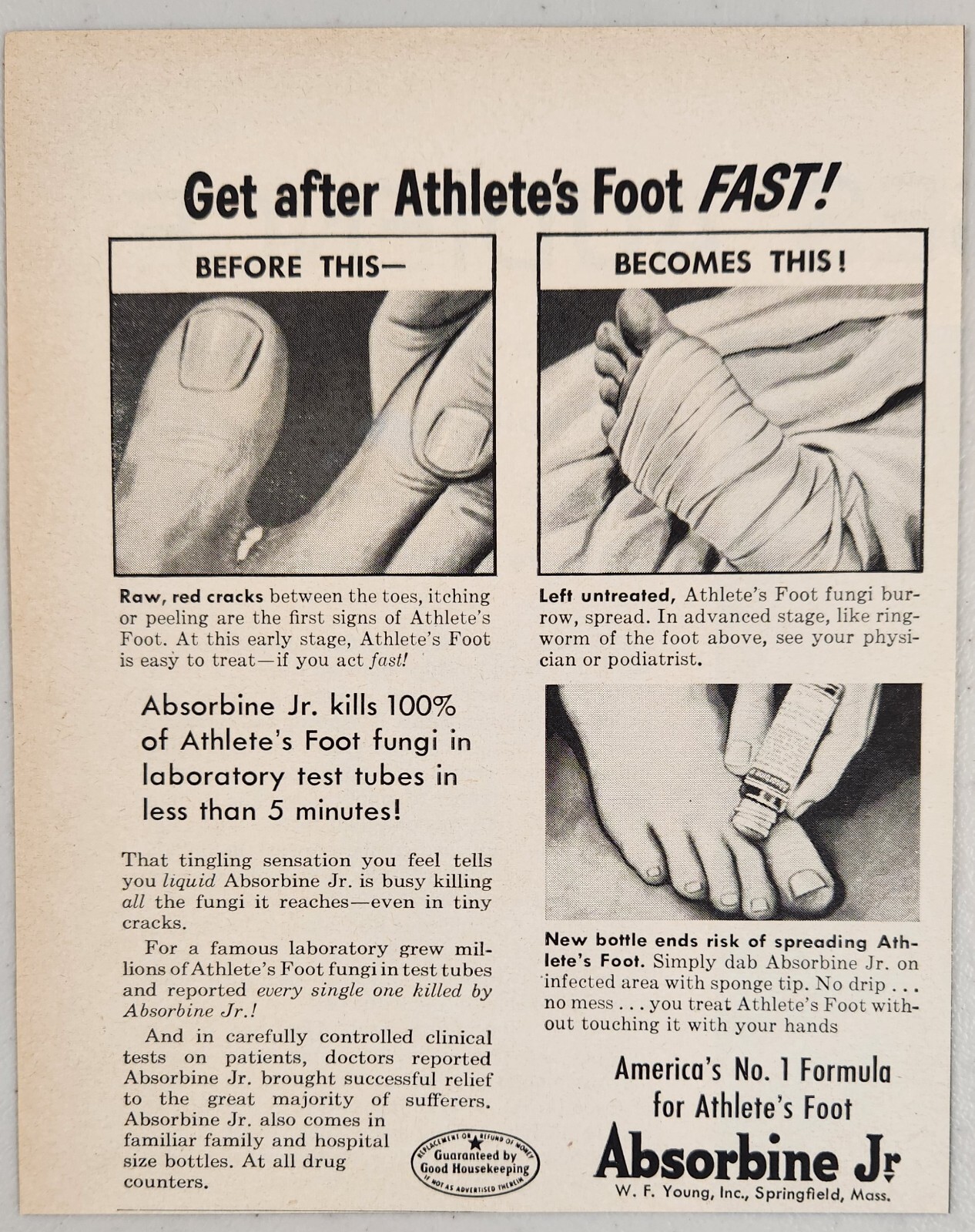 1959 Print Ad  Absorbine Jr. for Athlete\'s Foot Kills 100% of Fungi
