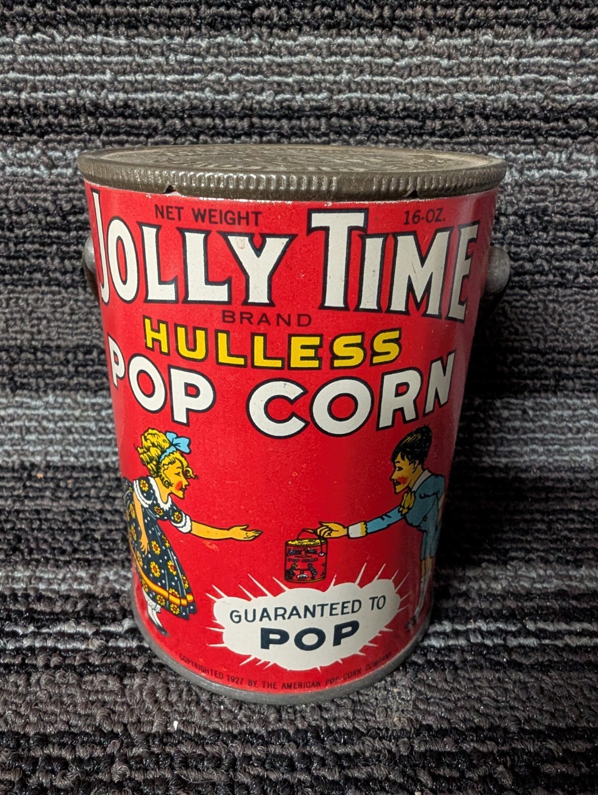 VARY RARE  Jolly Time Popcorn Tin Container 1927s Sioux City Iowa