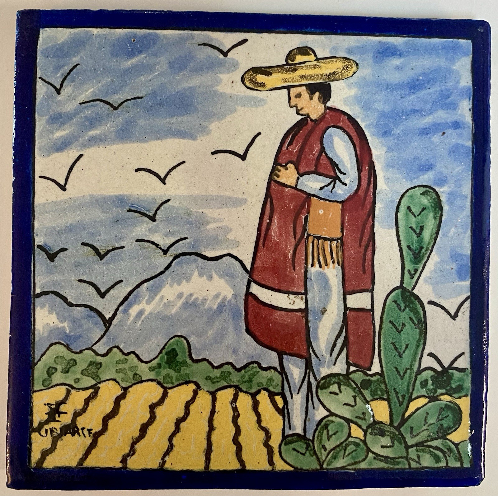 Vintage Mexican Folk Art Tile Ysauro Uriarte Talavera Puebla Mexico #2