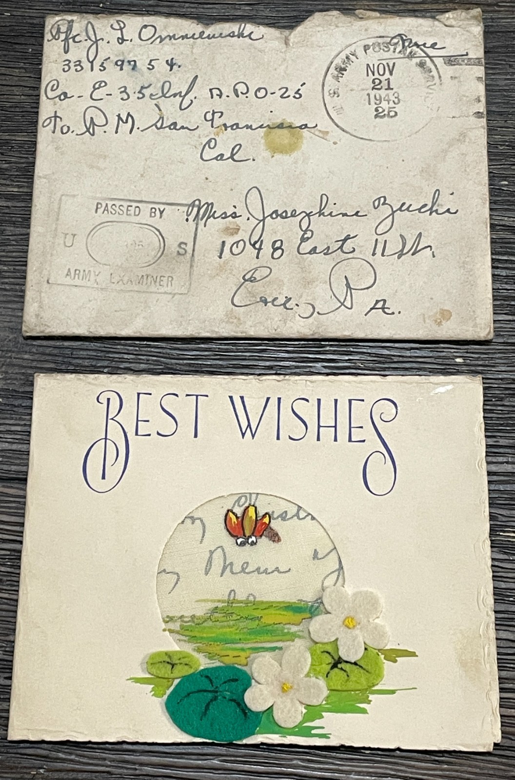 1943 WWII Soldier Christmas Card to Sweetheart APO 25 Army Censored FREE Postage