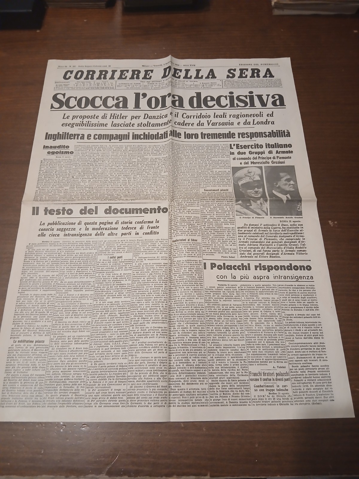 Rare ORIGINAL 1939 Newspapers - Beginning of World War II - Corriere della Sera