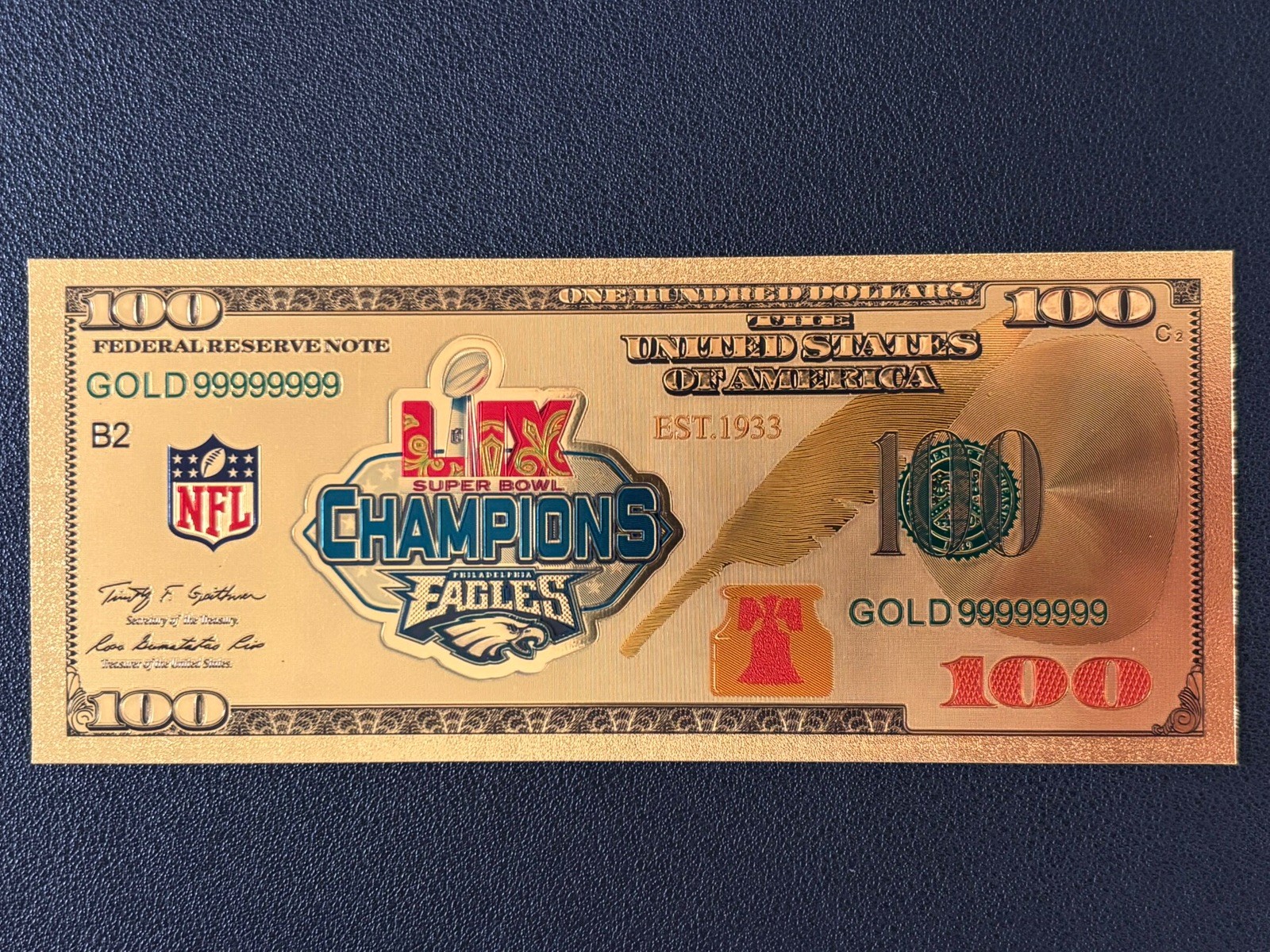 Philadelphia Eagles Gold Foil Plated Novelty Football Team Banknote Collectible