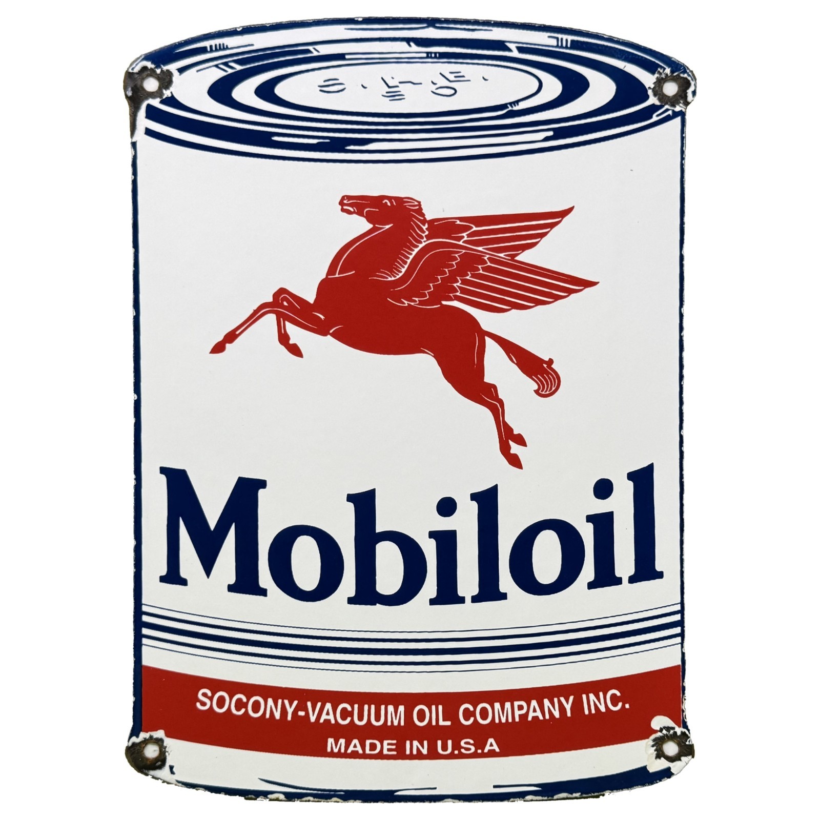 VINTAGE MOBILOIL PORCELAIN SIGN SOCONY VACUUM OIL CAN PEGASUS GAS STATION GARAGE