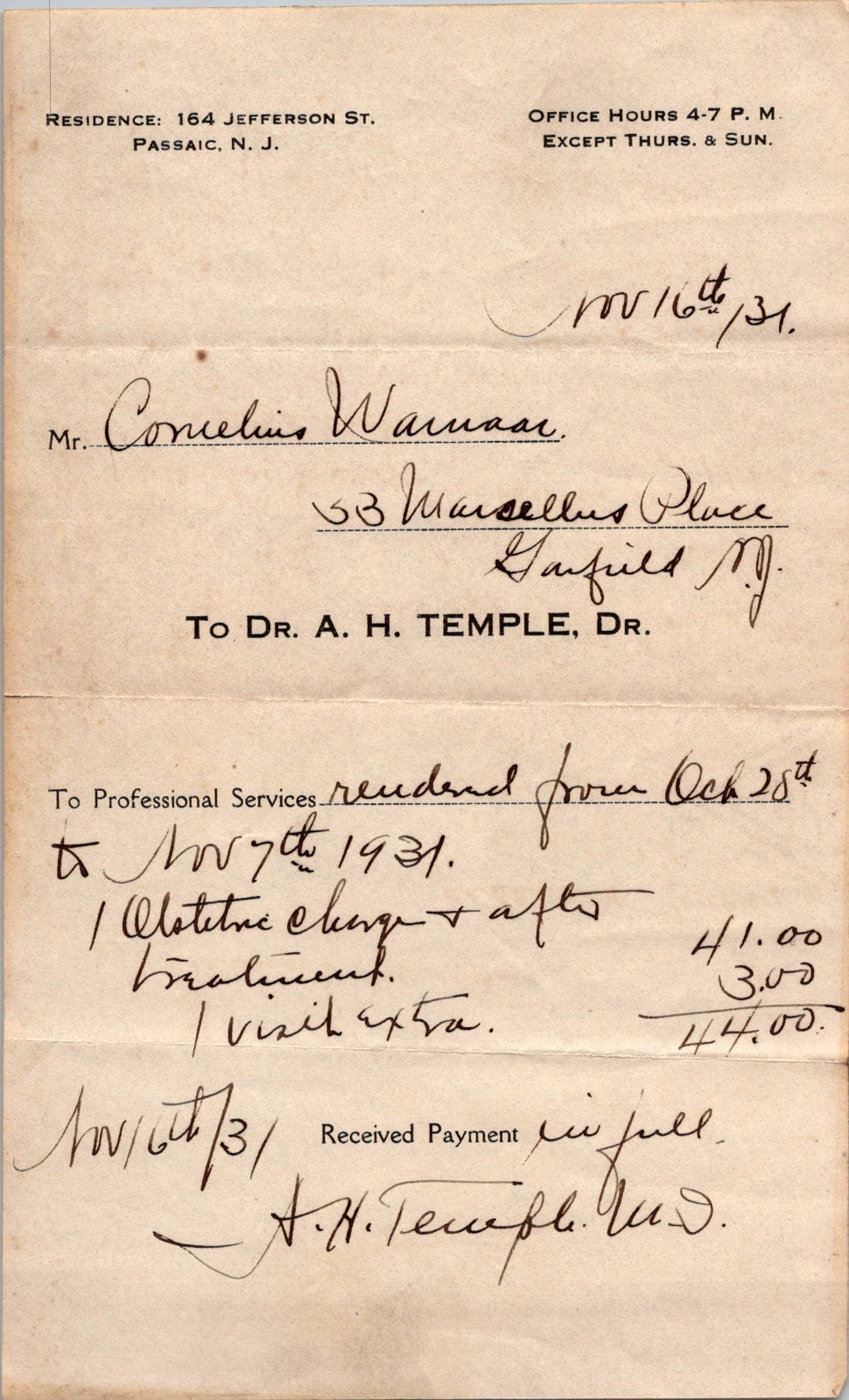 Dr AH Temple Dr 1931 Jefferson St Passaic NJ Antique Letterhead Billhead TB7 Dr AH Temple Dr 1931 Jefferson St Passaic NJ Antique Letterhead Billhead TB7