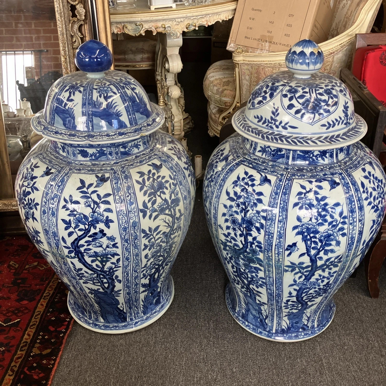 Pair Of Massive Chinese Blue & White Porcelain Lidded Temple Jars, H: 33” Each