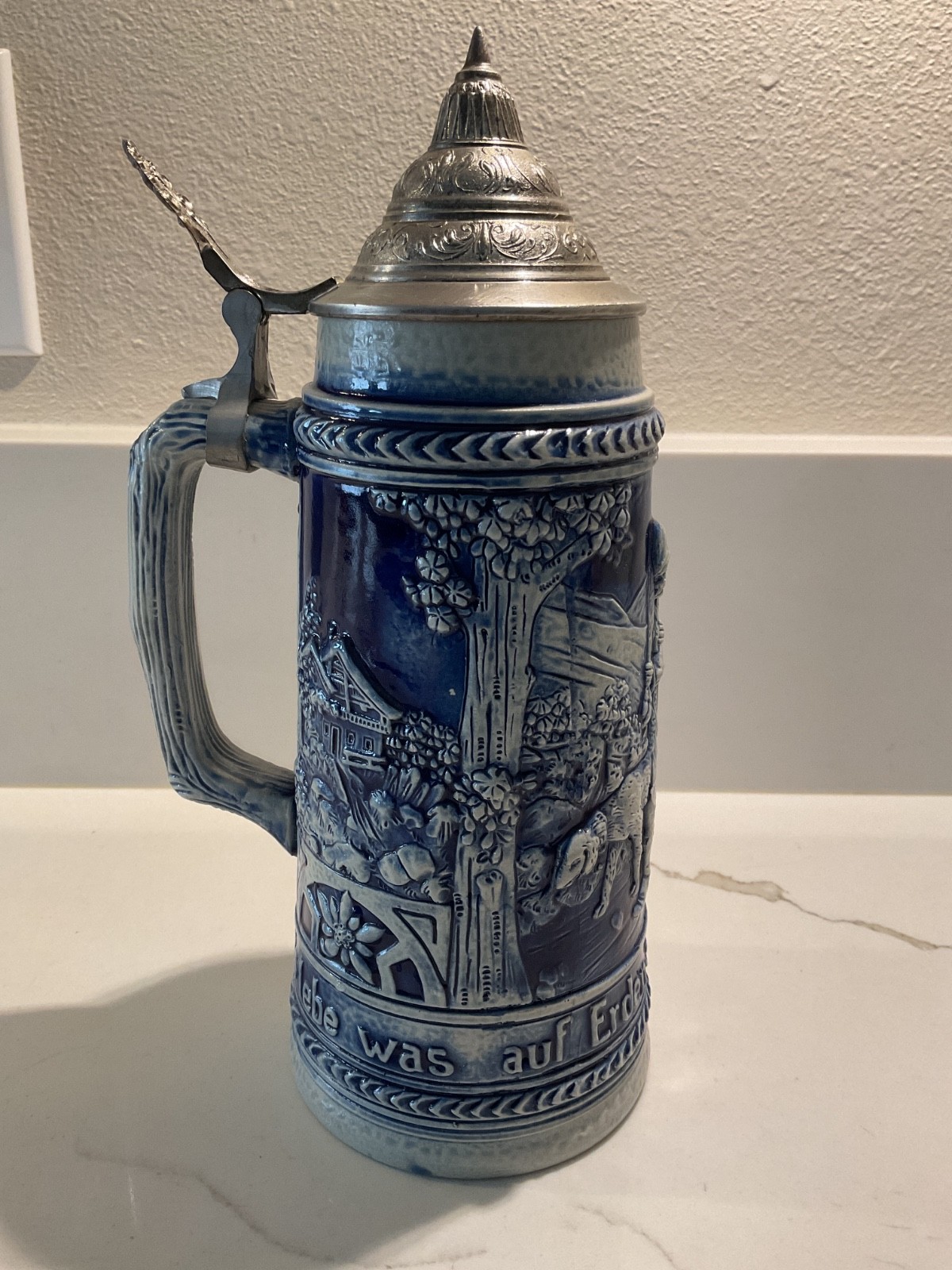 Vintage Gerz W. Germany Blue White Relief Beer Stein Hunting Scene Vintage Gerz W. Germany Blue White Relief Beer Stein Hunting Scene