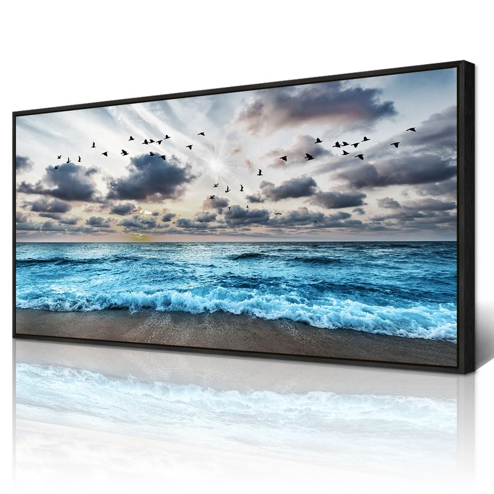Wapluam Black Framed Canvas Wall Art - Blue Sea Wave Pictures - Large Wapluam Black Framed Canvas Wall Art - Blue Sea Wave Pictures - Large