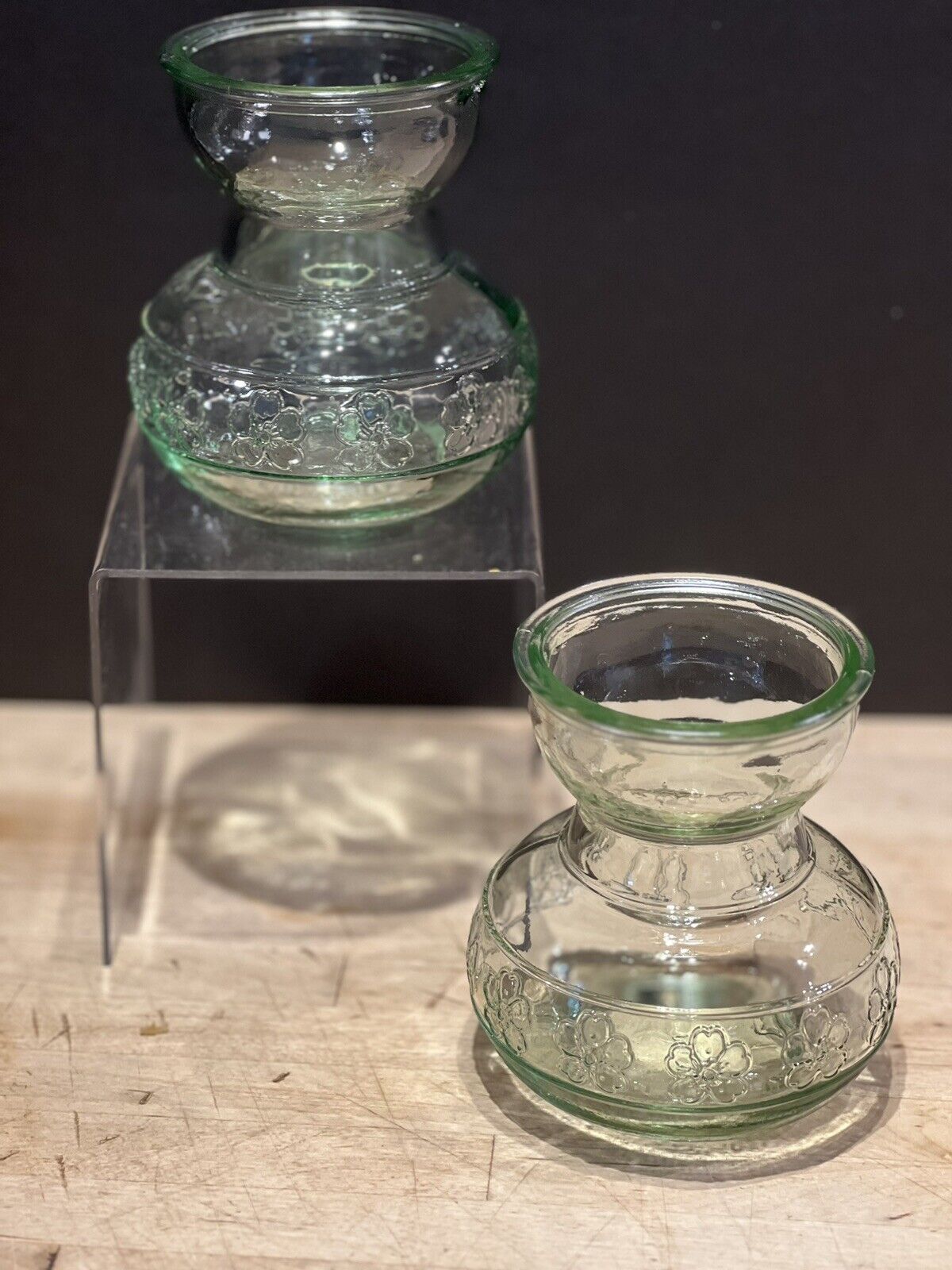 2 Light Green Glass 4” Bulb Forcing Vase Embossed Floral Design