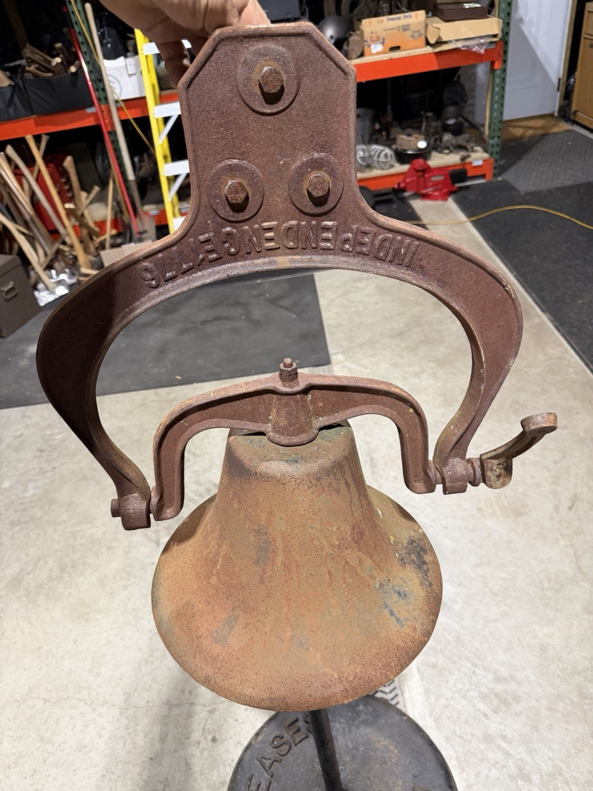 RARE Antique Independence 1776 Large Cast Iron Bell w/ Yoke & Handle Schoolyard