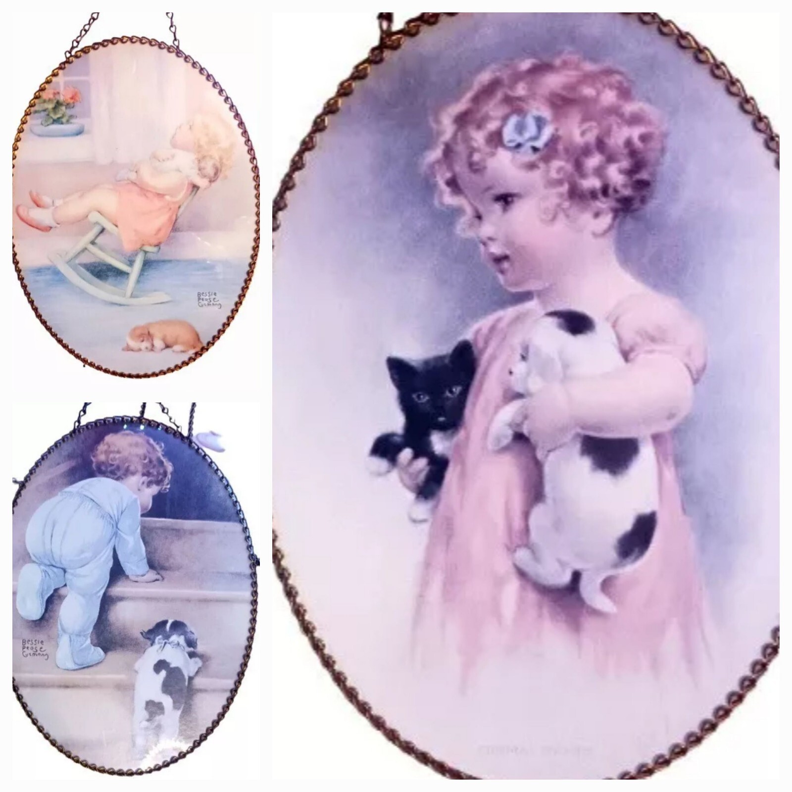 VTG Bessie Pease Gutmann Oval Art Print Wall Hanging Chain Little Girl Pets 