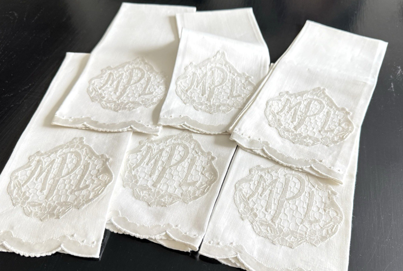Vintage Madeira Hand Embroidered Linen Guest Towels 6 pc UNUSED with Labels