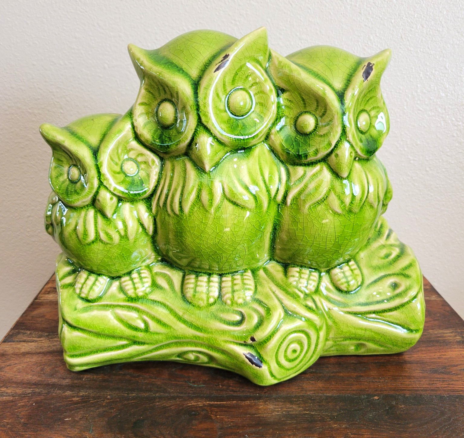 Green Glazed Ceramic Owl Trio on Log Figurine - Retro MCM Style Decor Green Glazed Ceramic Owl Trio on Log Figurine - Retro MCM Style Decor