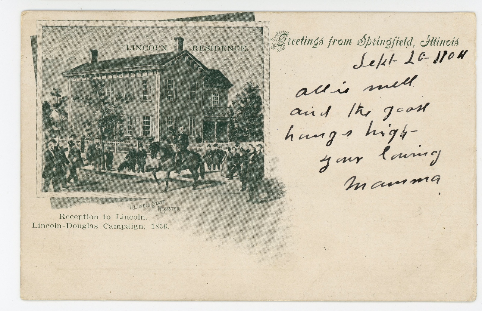 “Reception to ABE LINCOLN” Antique Lincoln-Douglas Campaign SPRINGFIELD UDB 1905 “Reception to ABE LINCOLN” Antique Lincoln-Douglas Campaign SPRINGFIELD UDB 1905