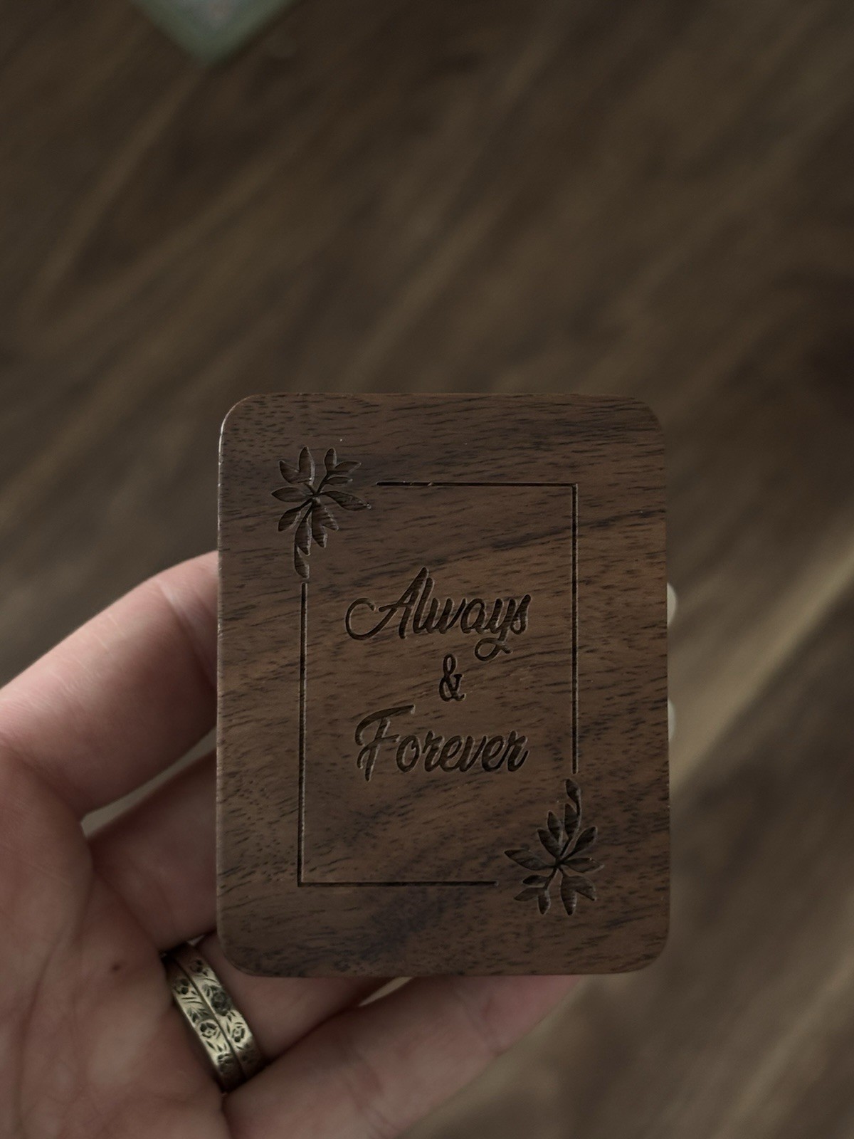 Small Brown Wooden Hinged Trinket Box, Engraved Floral Quote \