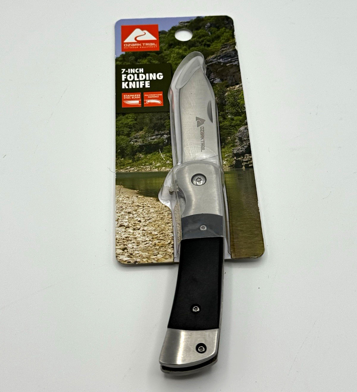 Ozark Trail 7” Folding Pocket Knife Stainless Steel Blade Black Handle Clip