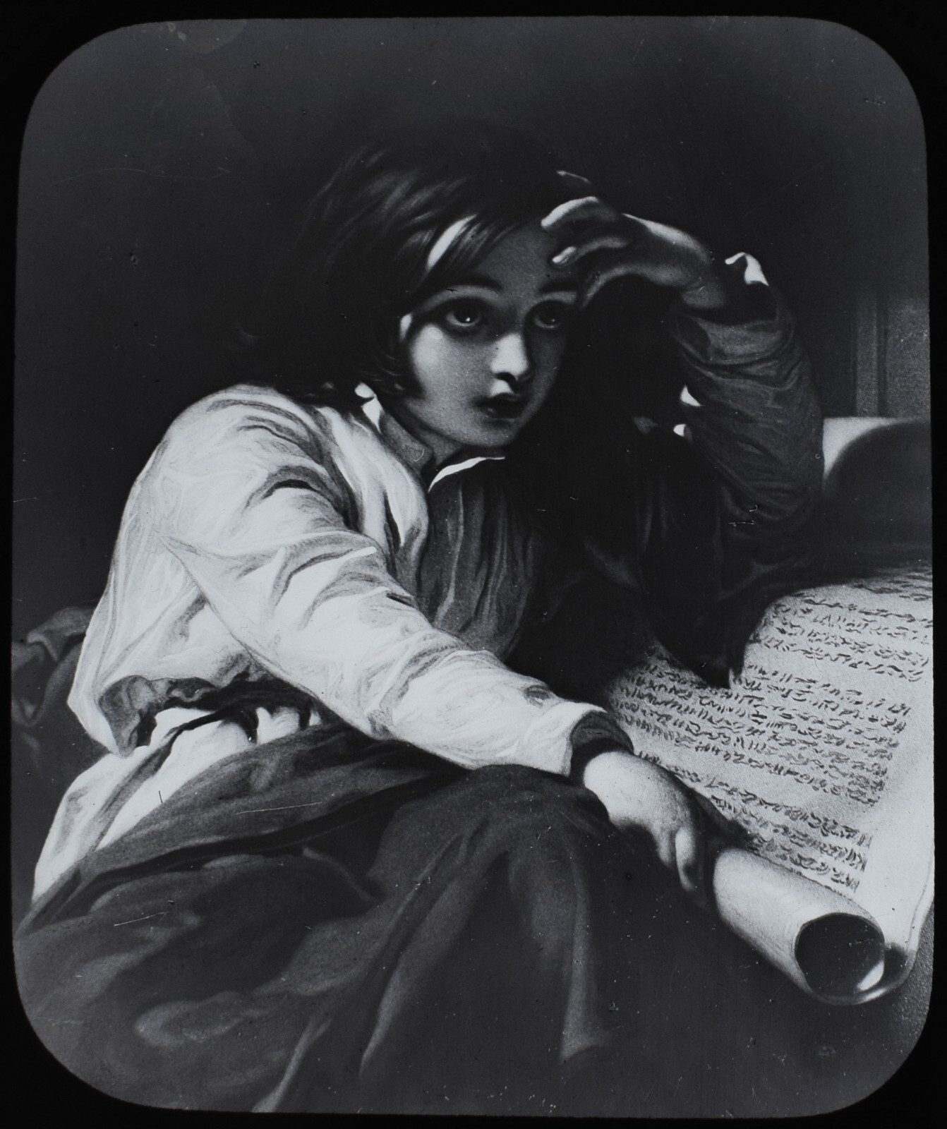 CHILD READING A SCROLL C1890 VICTORIAN ANTIQUE Magic Lantern Slide