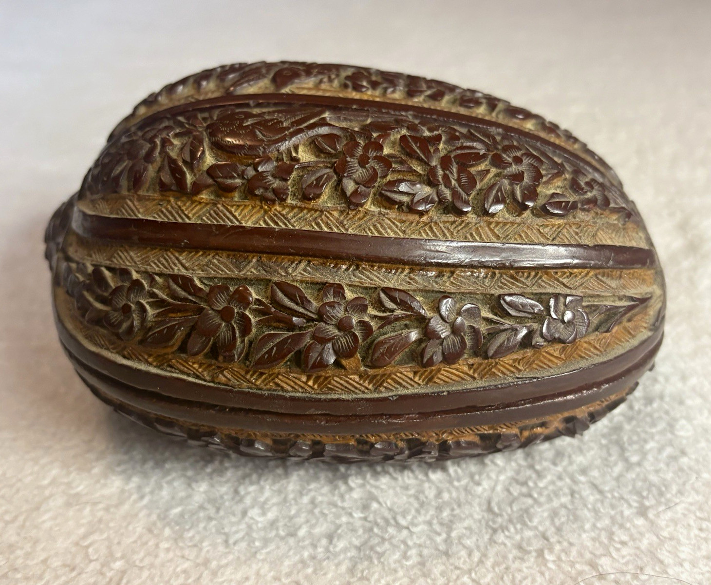 Vintage Chinese Ornate  Coquilla Nut Carved Floral Lidded Wood Tobacco Box