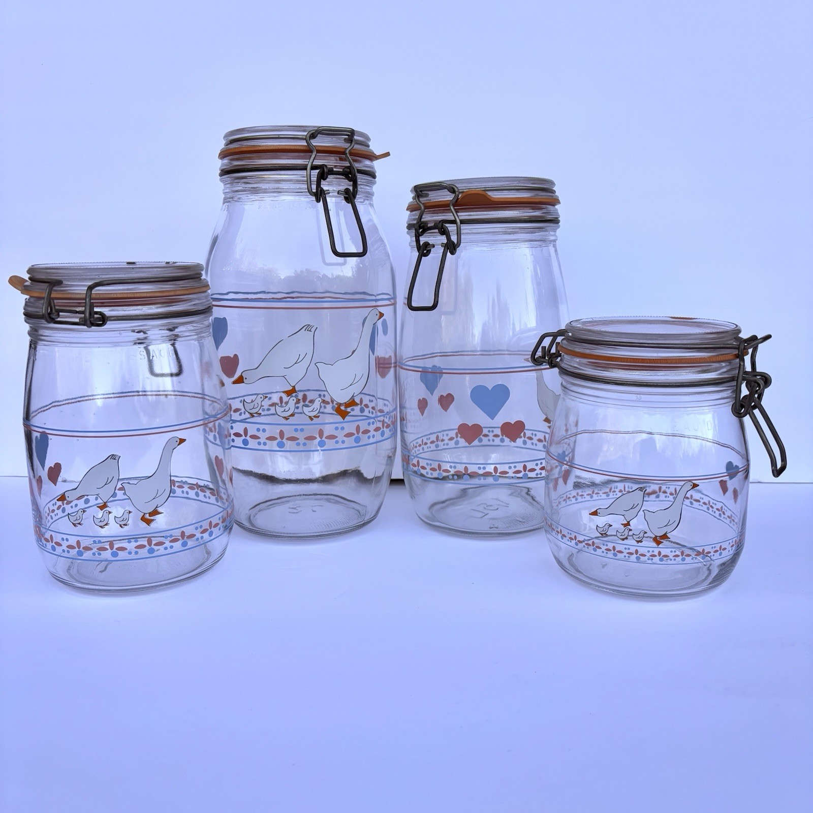 Set-4 Vtg 80s ARC France Country Geese Glass Canister Jar Heart Cottage Kitchen