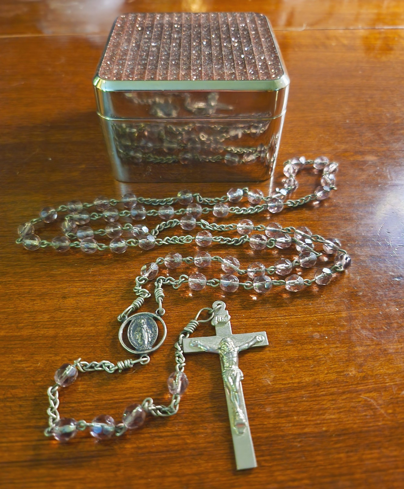 Vintage AFCO Sterling Silver Pink Glass Rosary & Vtg Pink Sparkle Chrome Box