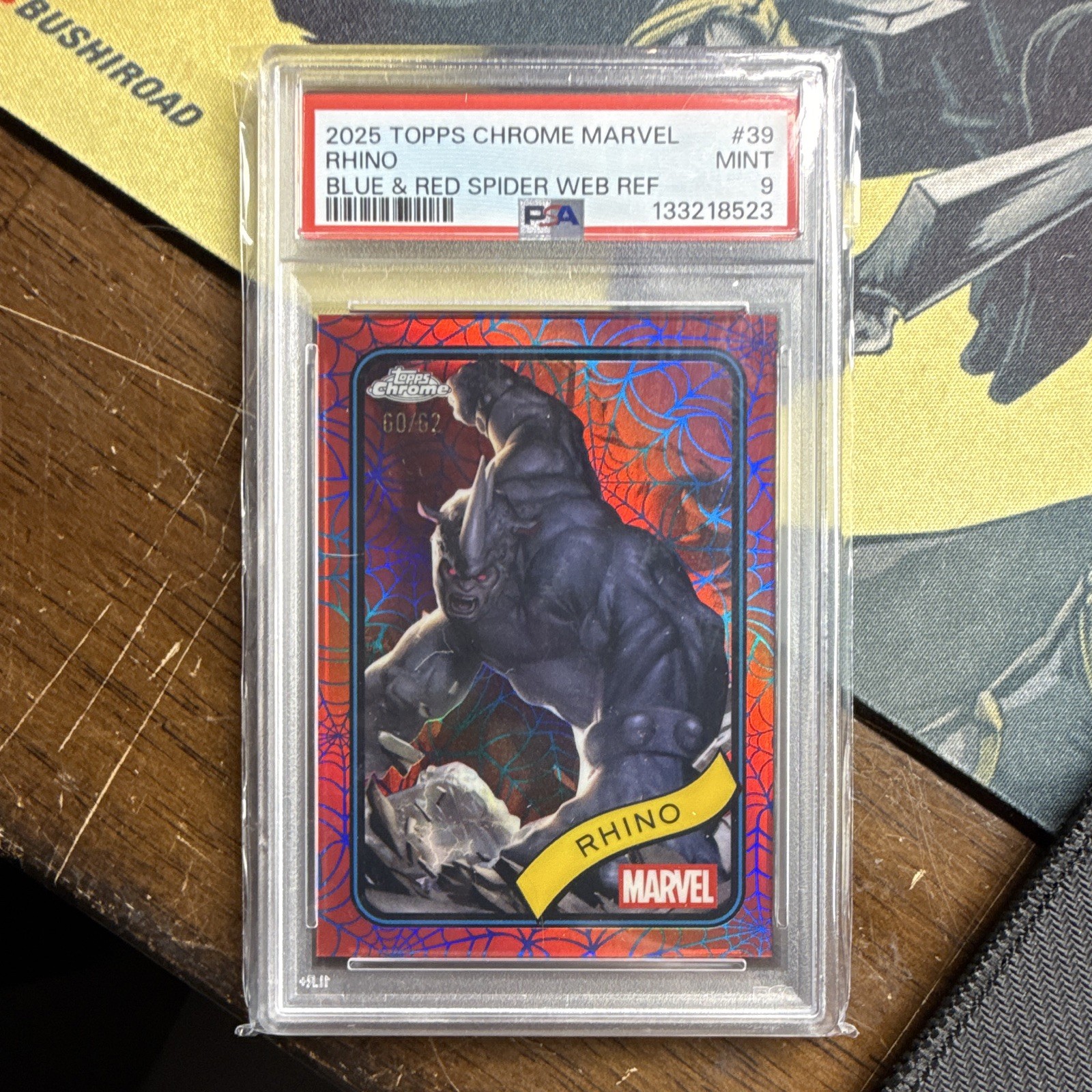 Topps 2025 Chrome Marvel Rhino #39 Blue & Red Spider Web Refractor 60/62 PSA 9 Topps 2025 Chrome Marvel Rhino #39 Blue & Red Spider Web Refractor 60/62 PSA 9