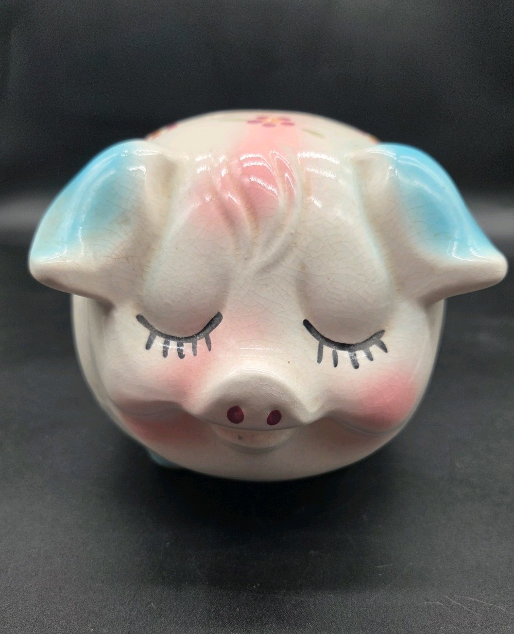 Vintage PAC Japan Closed Eye Floral Ceramic Collectable Piggie Bank