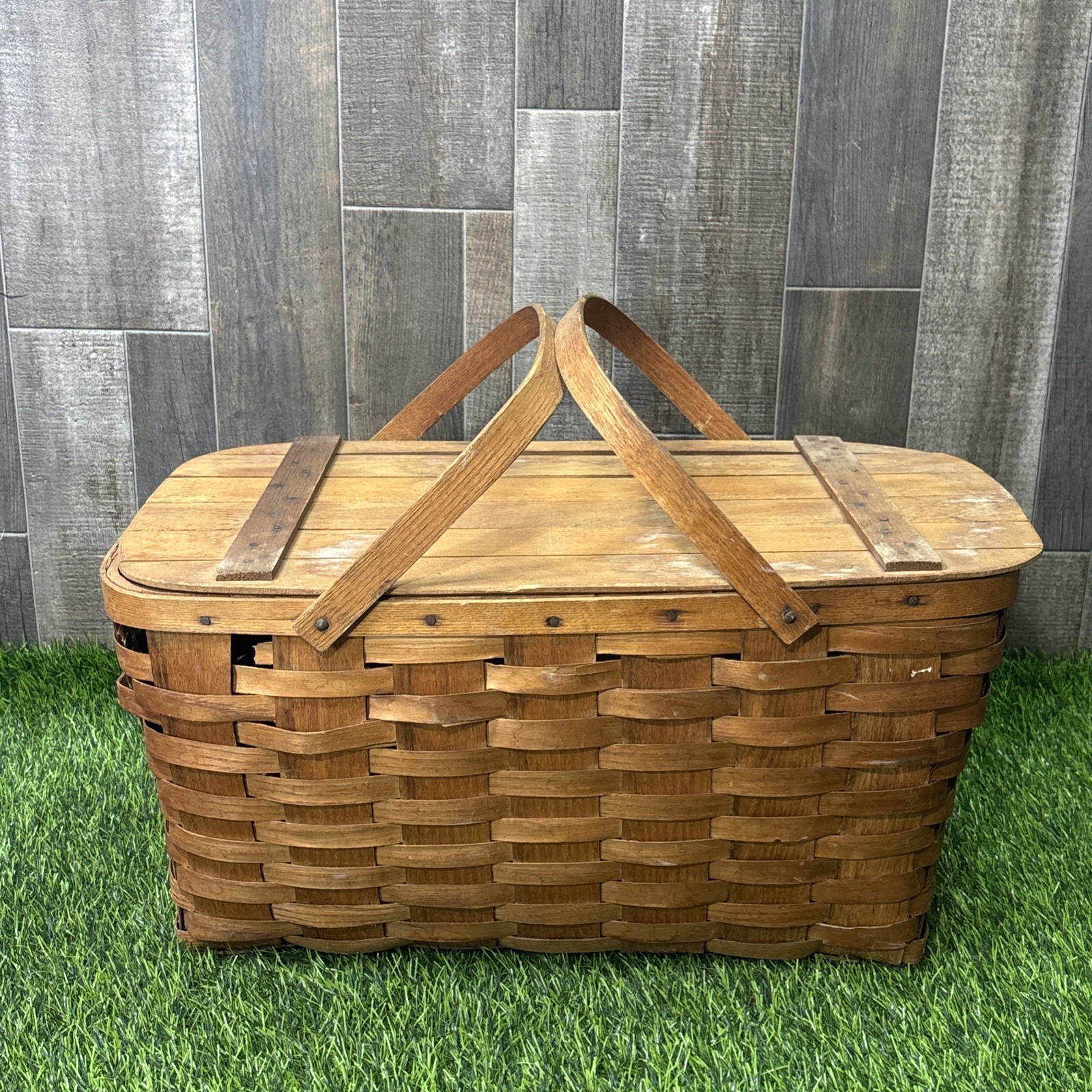 Vintage Jerywil Woven Wood Picnic Basket Split Lid Swing Handle Basket