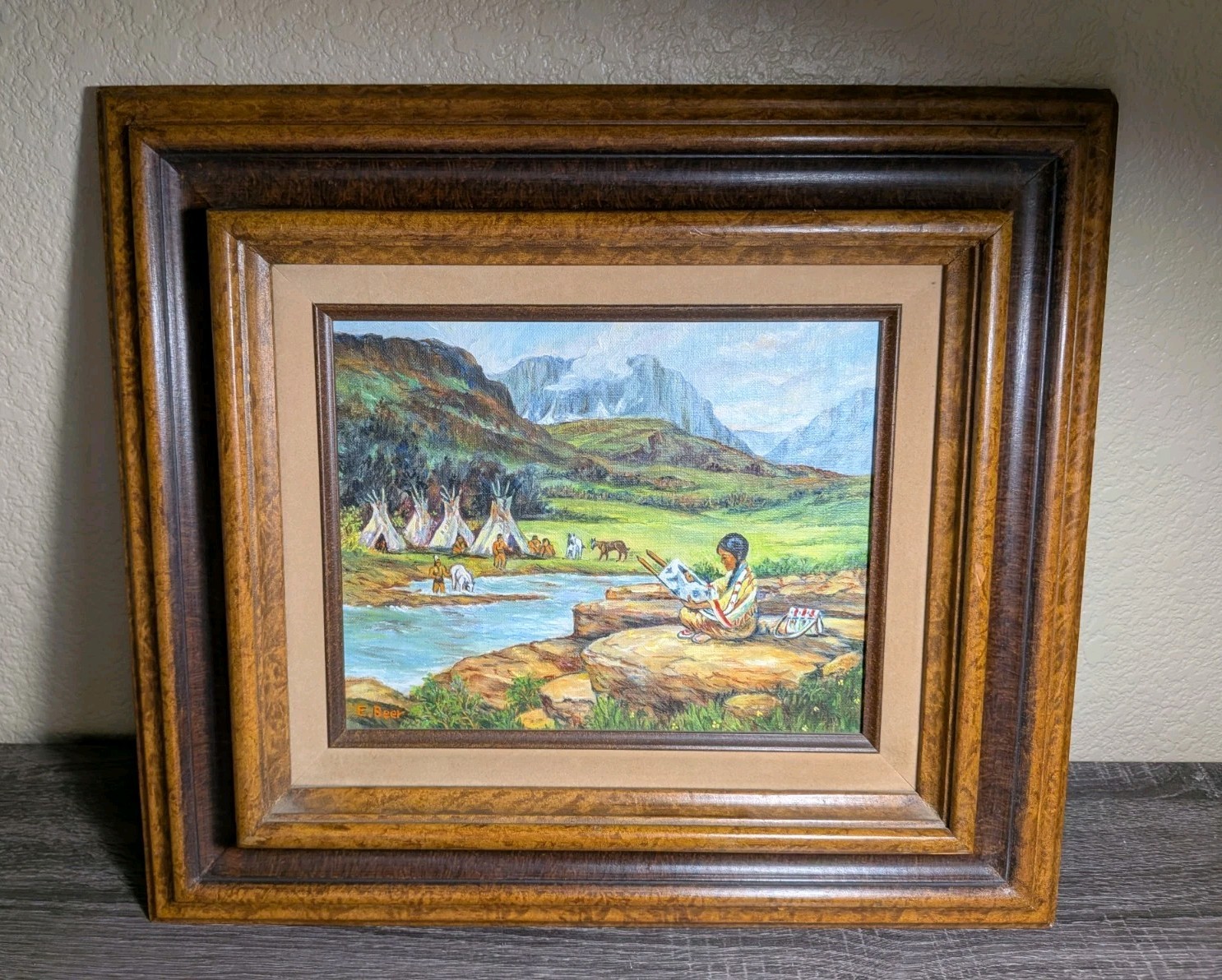 Original Native American Art Oil Painting Signed E. Beer Mother & Child 17\ Original Native American Art Oil Painting Signed E. Beer Mother & Child 17\