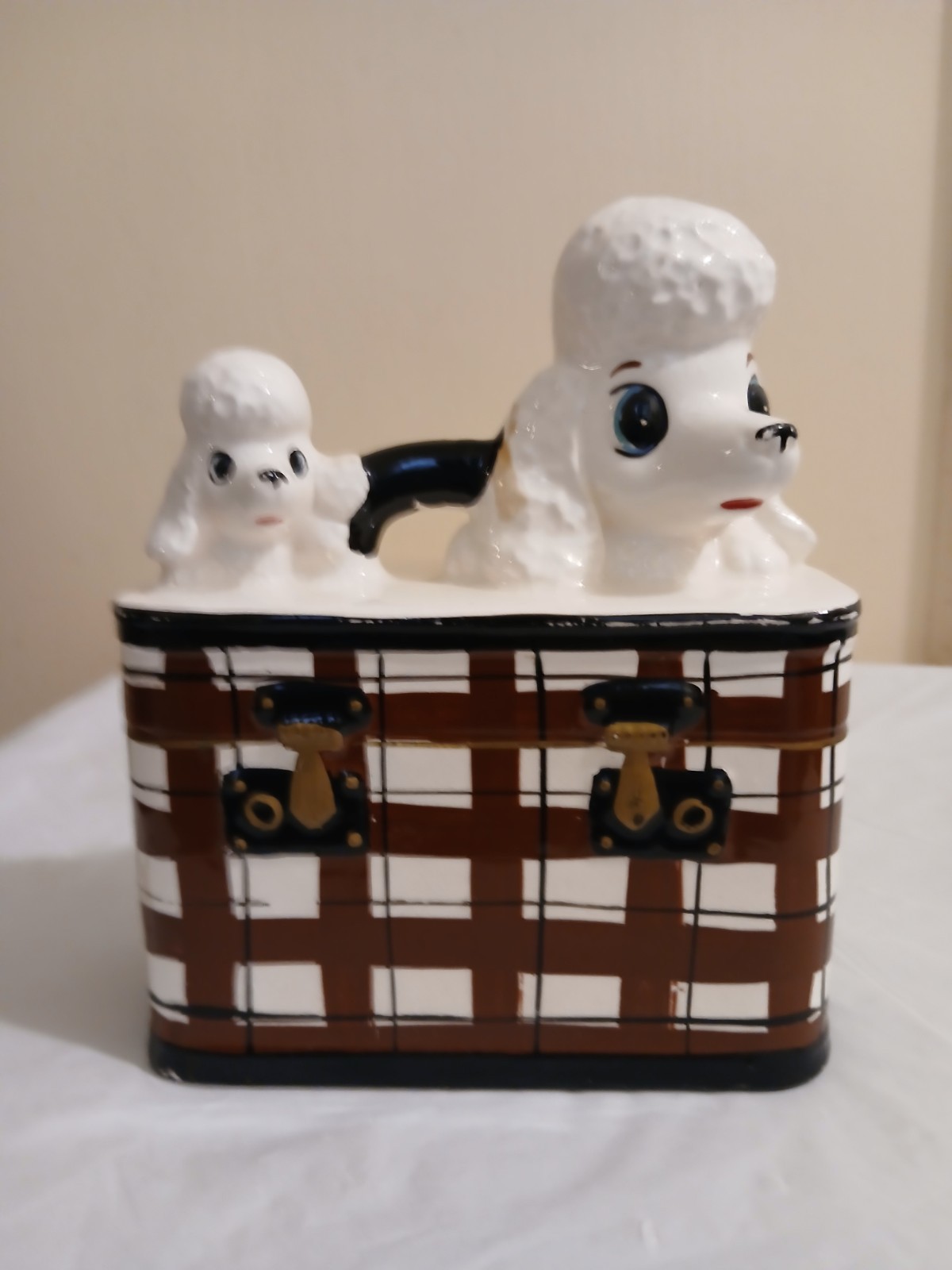 VTG 1950 ENESCO Japan Poodle Suitcase Coin Bank RARE Brown Plaid Kitsch MCM READ