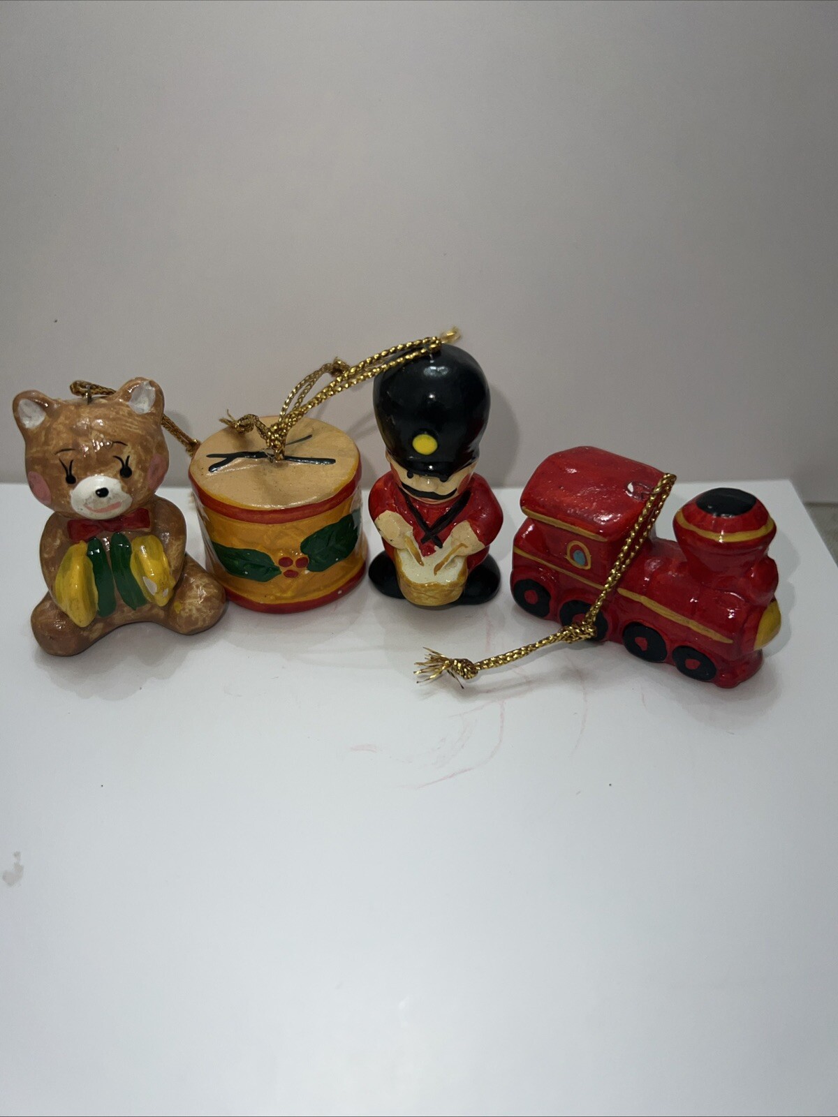Vintage Enesco Ceramic Hanging Tree Ornaments 1978 Set 4 Made In Sri Lanka Vintage Enesco Ceramic Hanging Tree Ornaments 1978 Set 4 Made In Sri Lanka