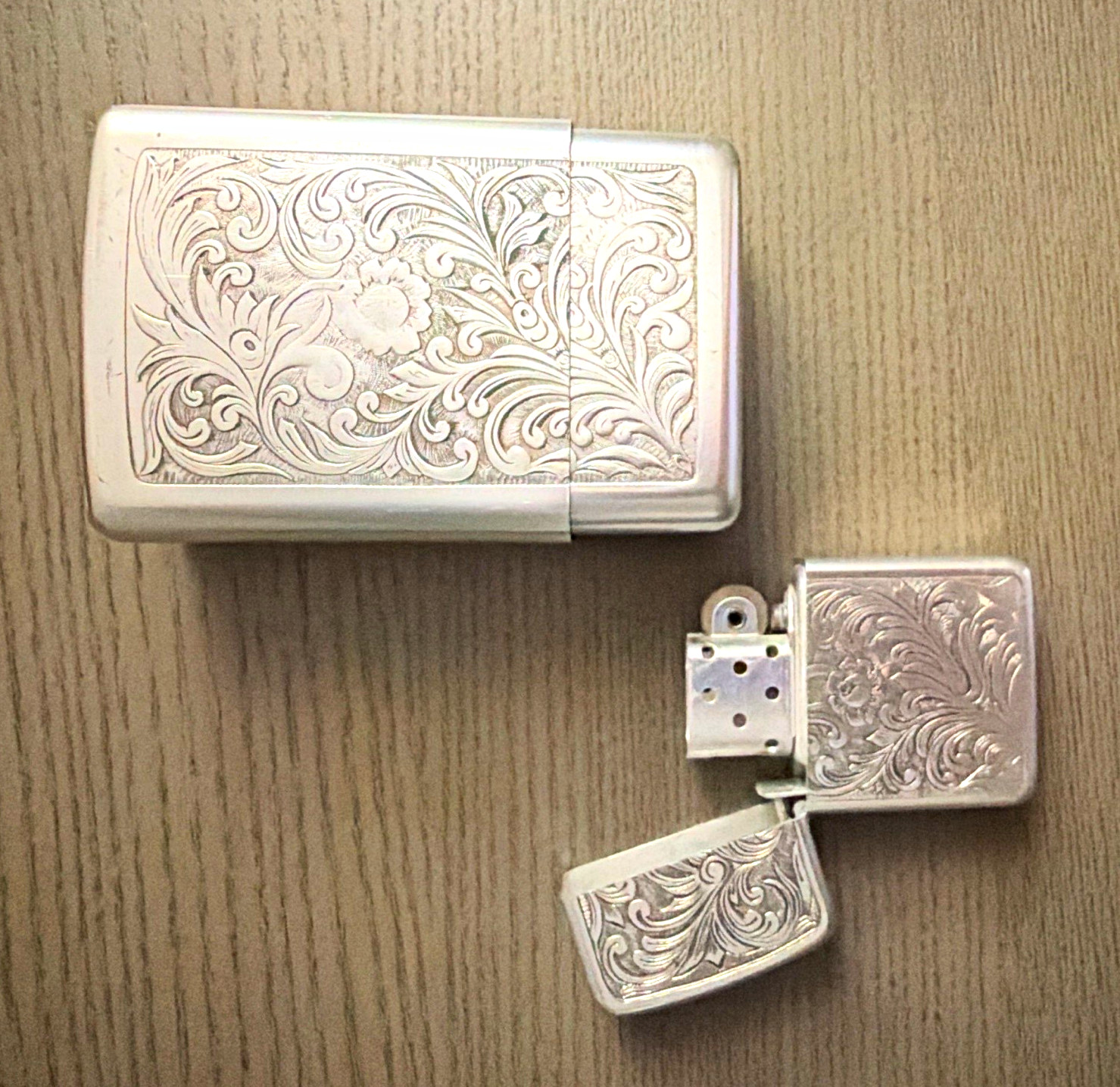 Vintage Park Industries Engraved Floral Lighter & Cigarette Case Set Silver Tone