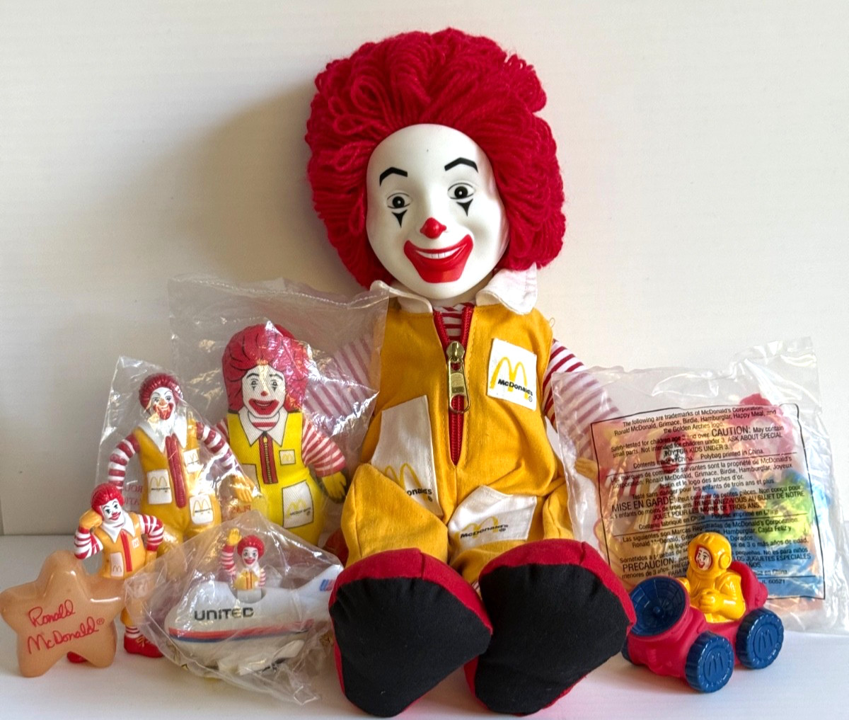Vtg 1984 Ronald McDonald Plush Doll Plus McDonald’s Toy Lot 7-Pieces NOS Clean