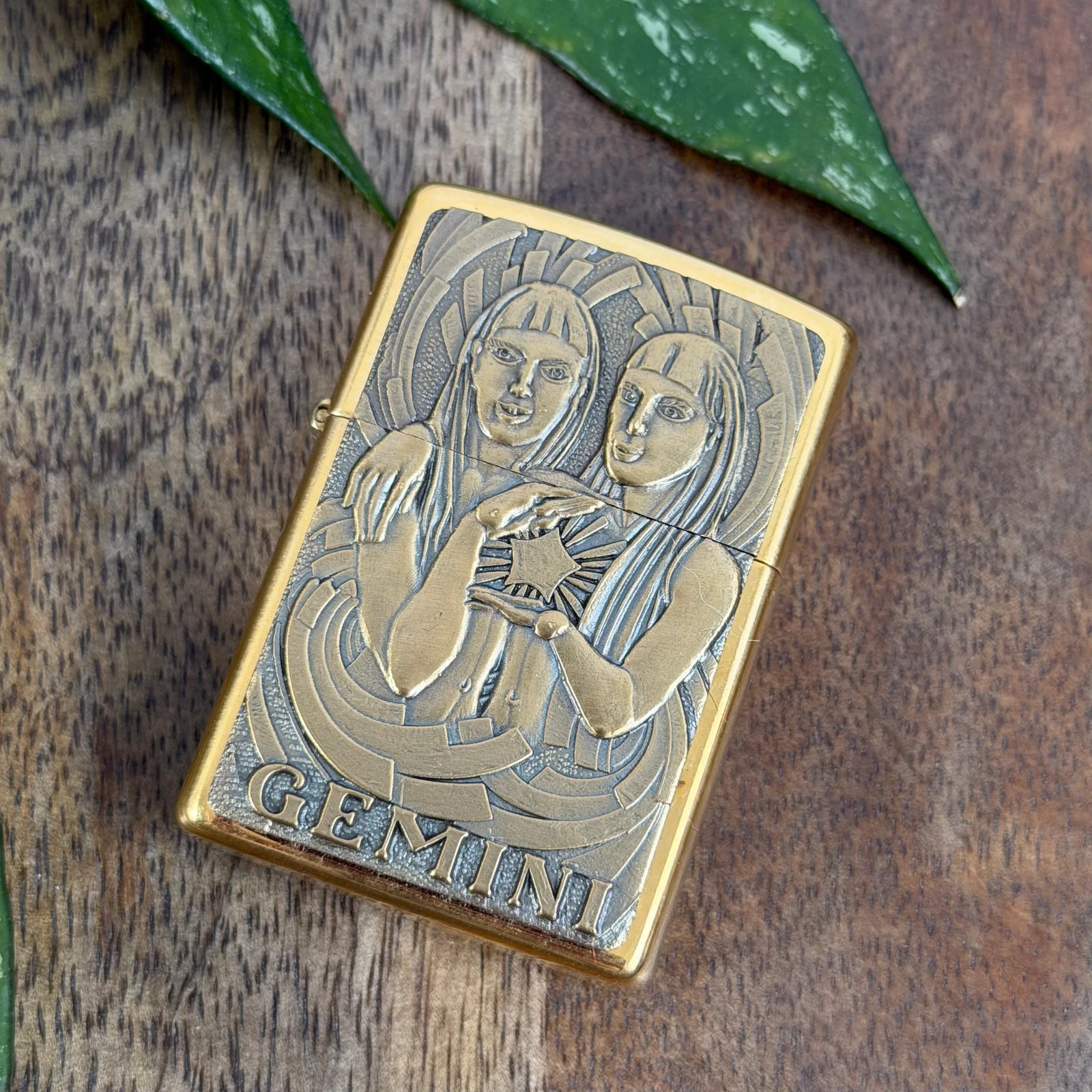 Vintage Brass Zippo Gemini Lighter 1999 Zodiac