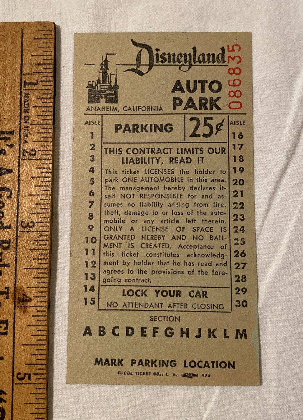 Disneyland Auto Park Ticket 25 Cents Anaheim California CA c1960s