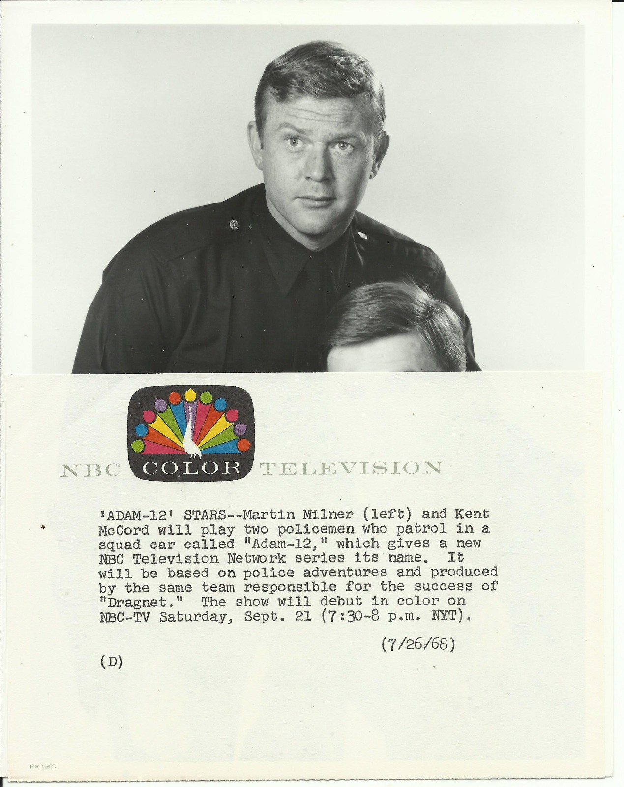 Original Vintage 1968 NBC-TV 7x9 Premiere ADAM-12 KENT McCORD Martin Milner EXC Original Vintage 1968 NBC-TV 7x9 Premiere ADAM-12 KENT McCORD Martin Milner EXC