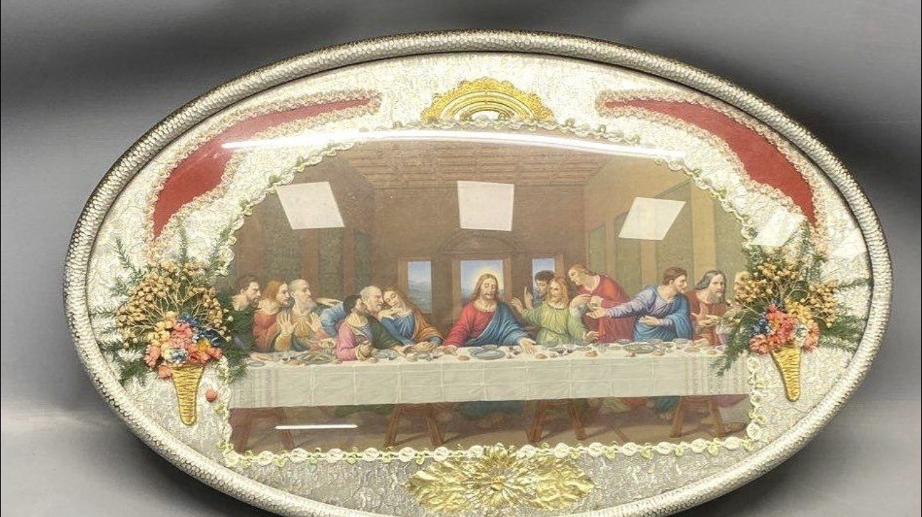 Vnt 1950s Last Supper Fool Oval Glass Frame Dried  Faux Flowers Foil Mcm 19x12