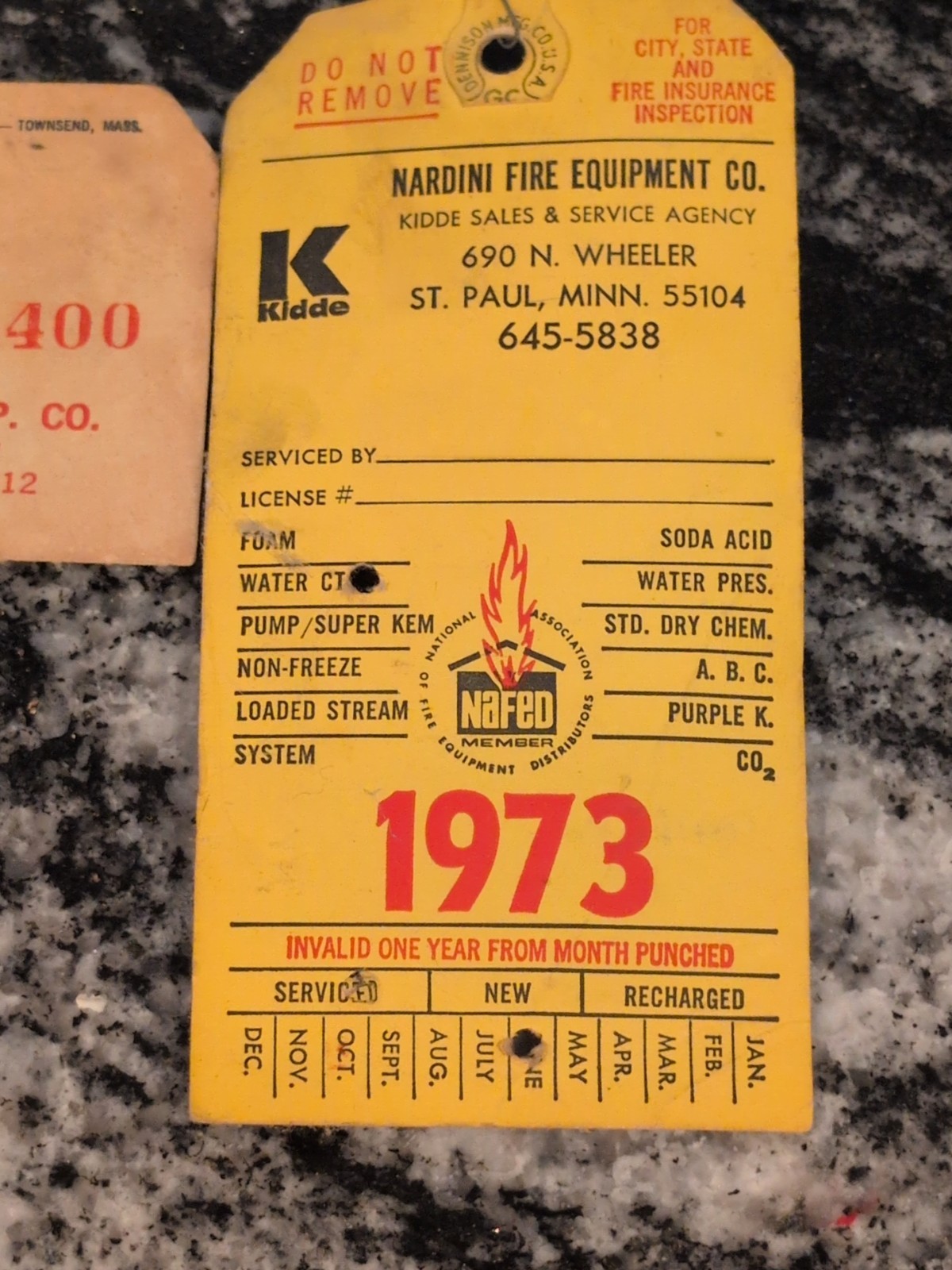 Vintage Nardini Fire Equipment Extinguisher Charge Tag St. Paul Minneapolis 1973 Vintage Nardini Fire Equipment Extinguisher Charge Tag St. Paul Minneapolis 1973