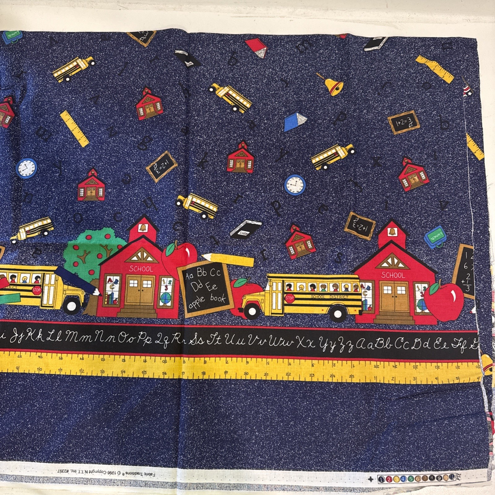 Vtg 1 2/3 yds Fabric Traditions cotton fabric #2397 School Bus Golden Rule