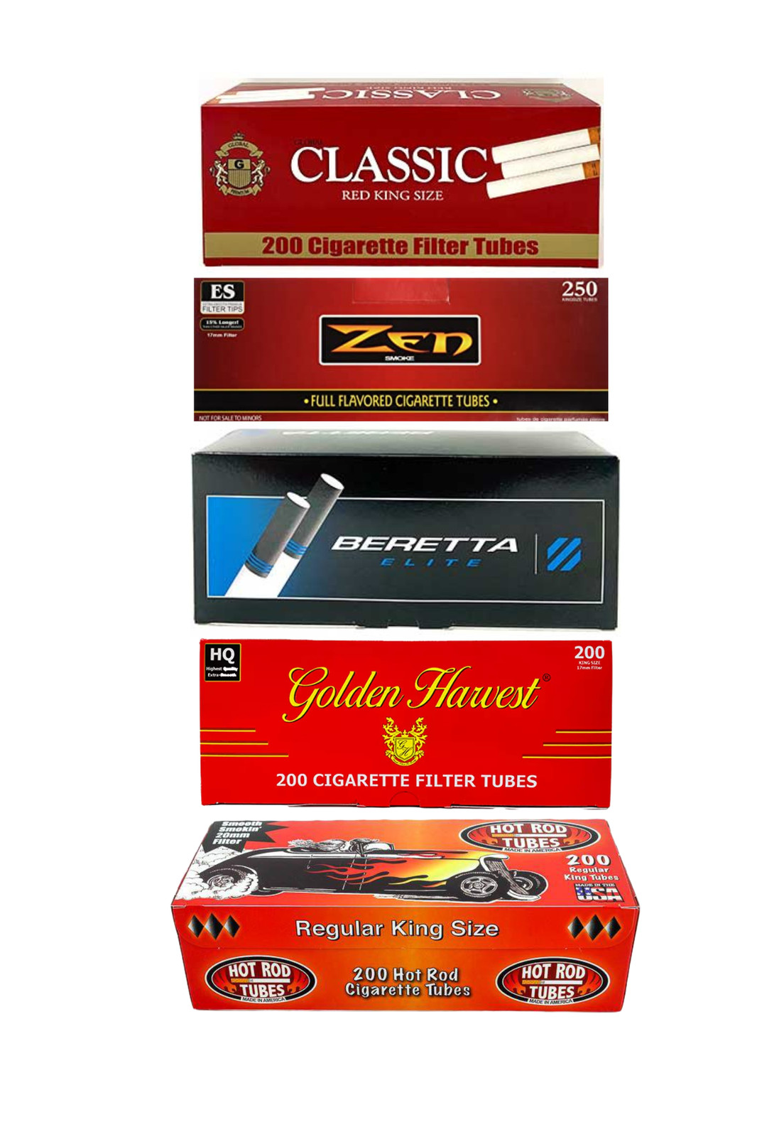 Zen Beretta Golden Harvest Hot Rod Global KING SIZE Cigarette Tubes (5-Boxes) Zen Beretta Golden Harvest Hot Rod Global KING SIZE Cigarette Tubes (5-Boxes)