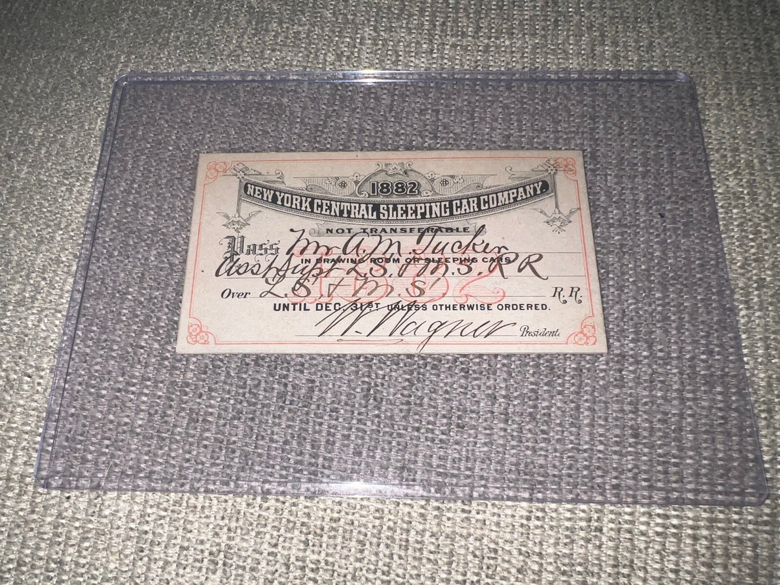 1882 New York Central Sleeping Car Co Railroad Annual Pass Wagner