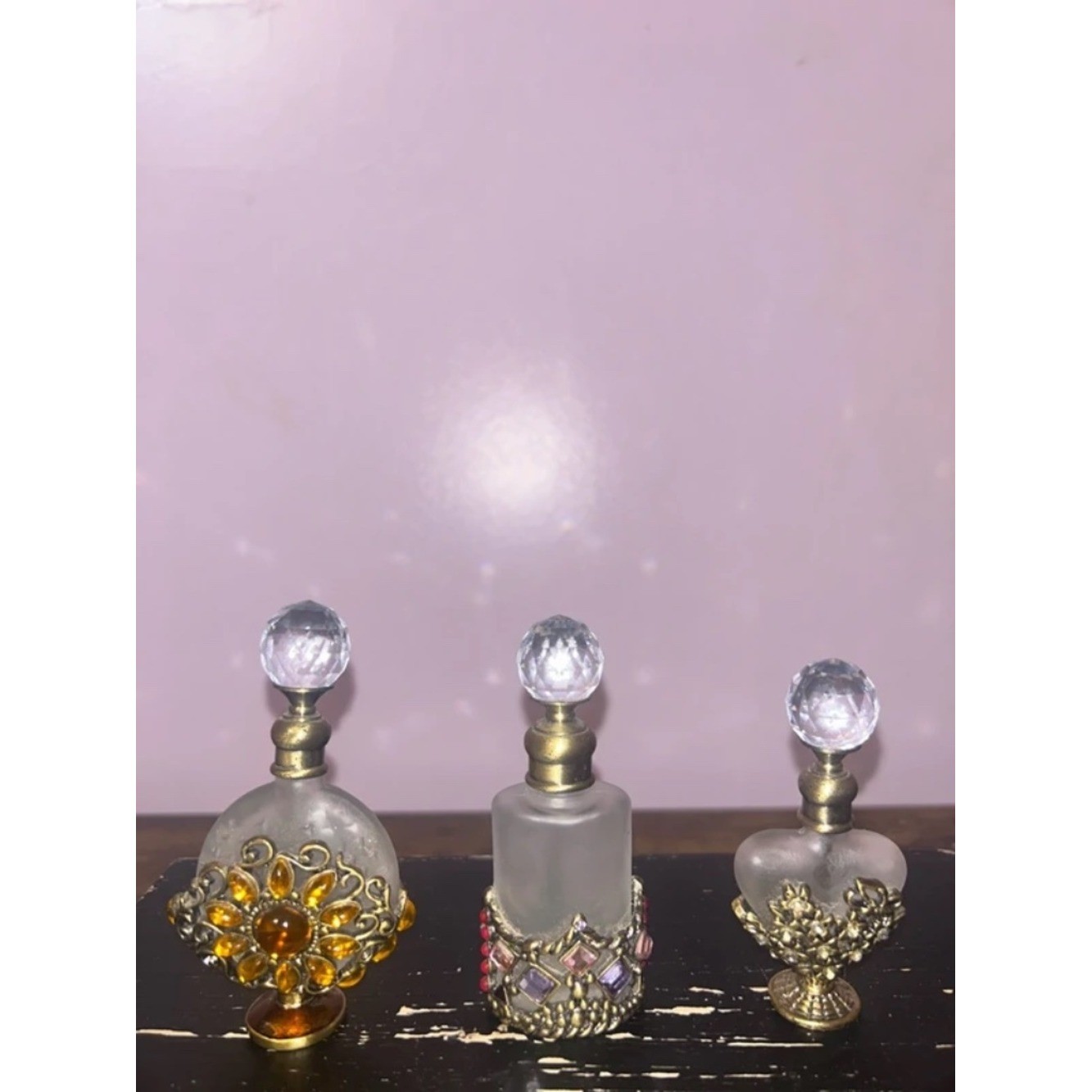 Vtg Antique Alice Aliya Mini Satin Glass Crystal Footed Perfume Bottles Set Of 3