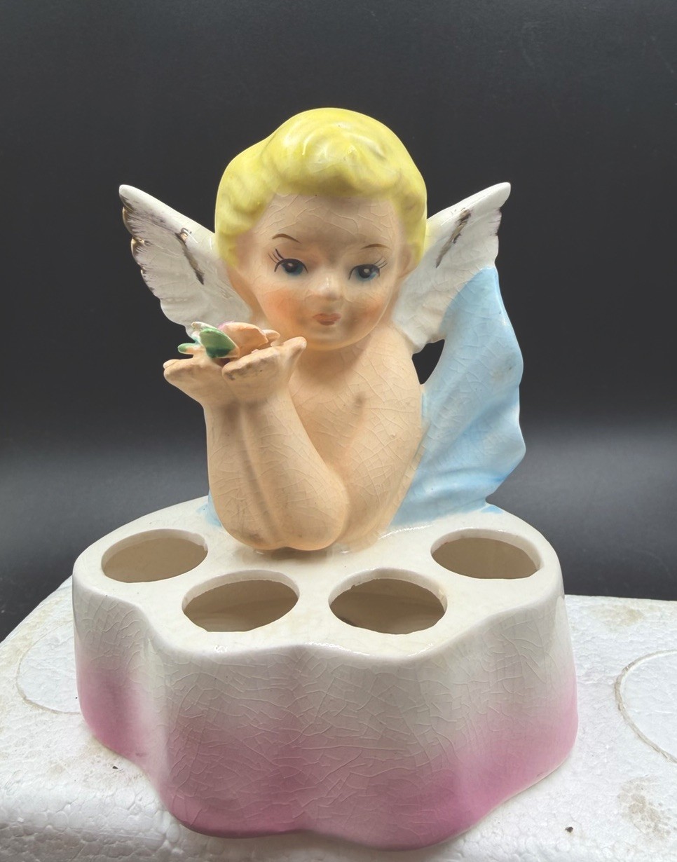 Vintage J.W. Rice & Company Cherub Angel With Rose Lipstick Holder 4 Holes Vintage J.W. Rice & Company Cherub Angel With Rose Lipstick Holder 4 Holes