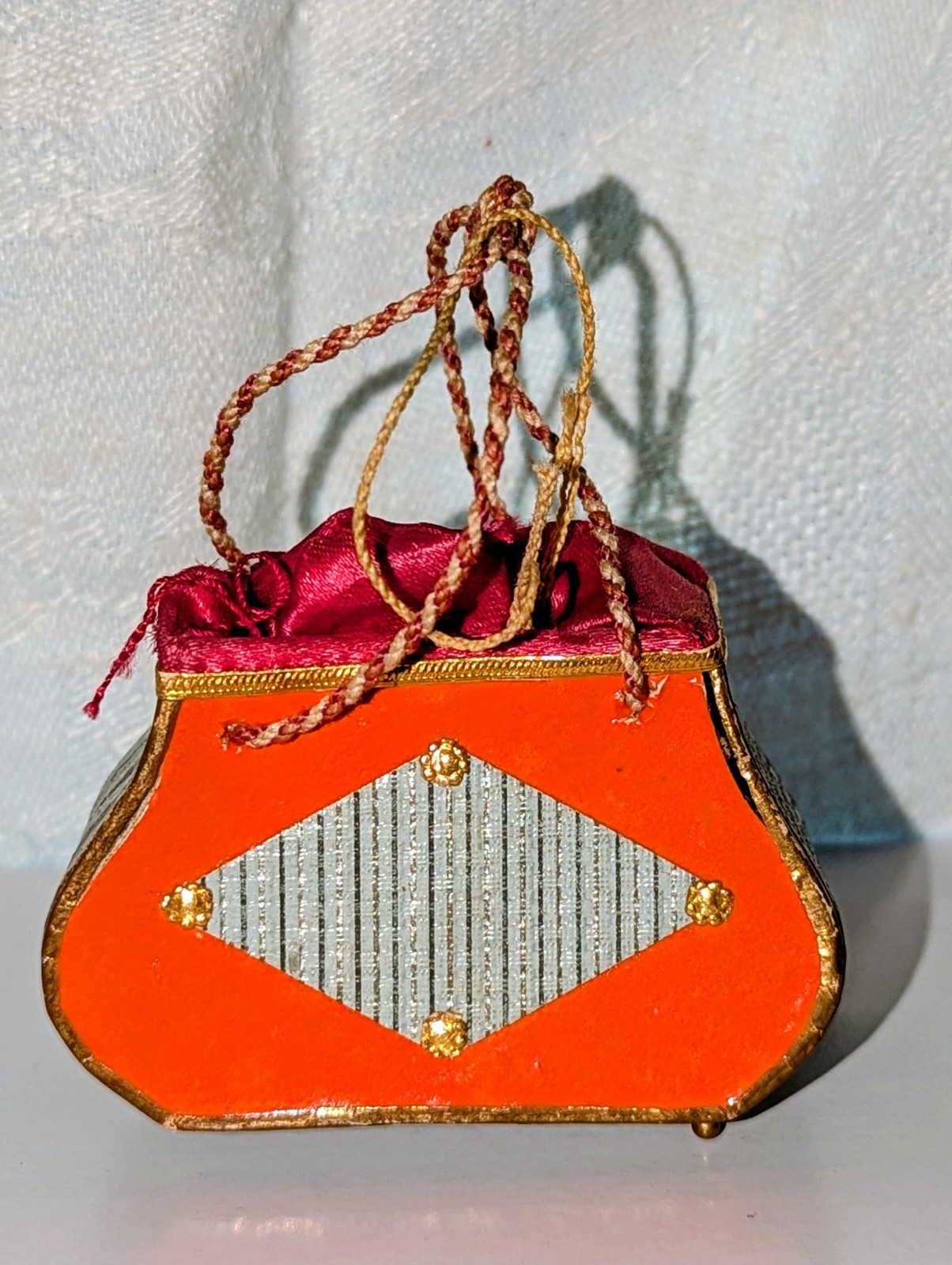 Antique Victorian Cardboard Candy Container Miniature Purse Handbag Drawstring
