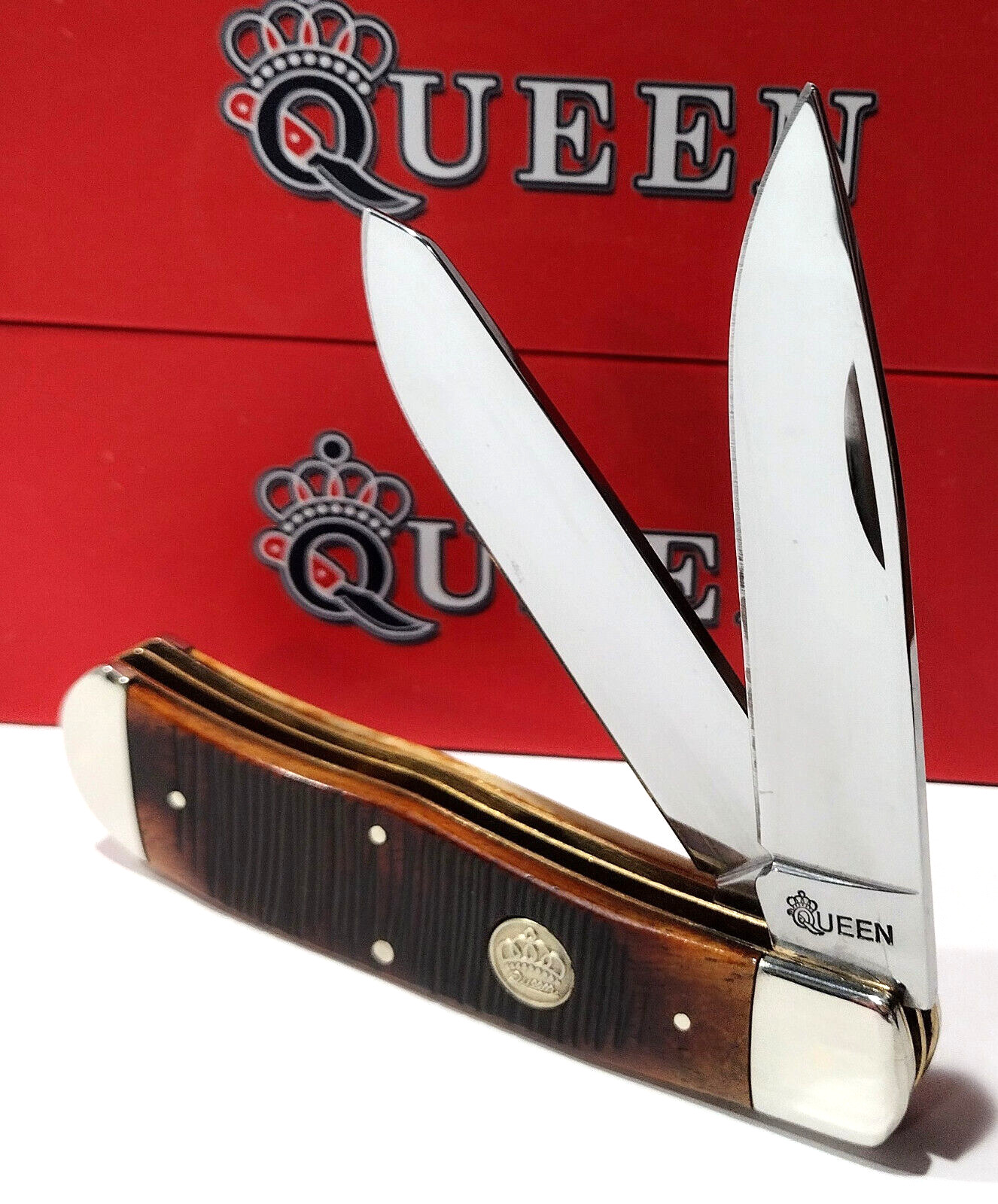 Queen Cutlery Co. Factory 2nd Big Boy Trapper Burnt Bone Pocket Knife USA Made