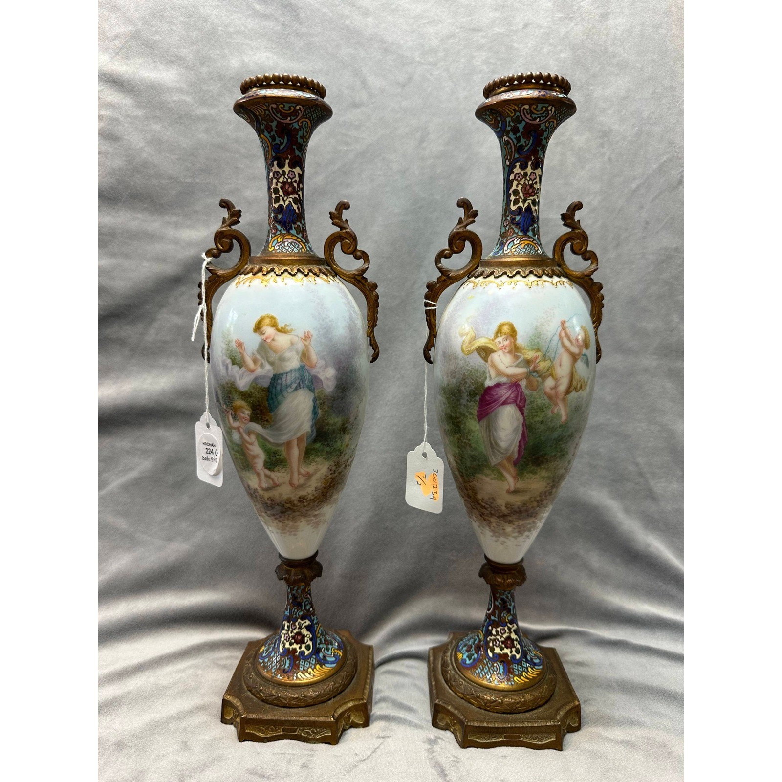 Set of 2 Antique Champlevé Enamel Porcelain Sevres Blue Gold Porcelain Urns