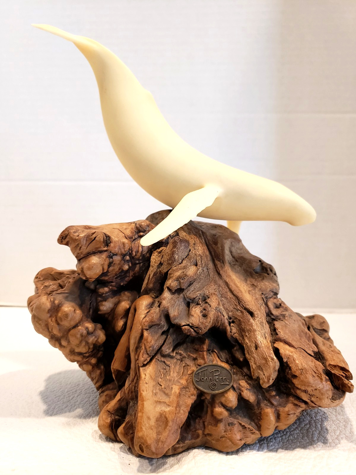 Vintage JOHN PERRY Whale on Burlwood Nautical Art Sculpture Handmade 10\ Vintage JOHN PERRY Whale on Burlwood Nautical Art Sculpture Handmade 10\