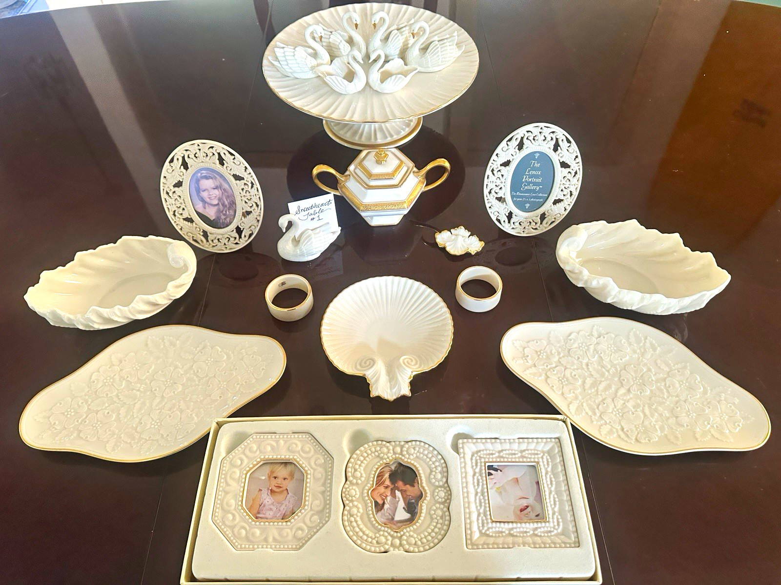 Lenox swan lot wedding bridal cake topper plate place card setting holders set