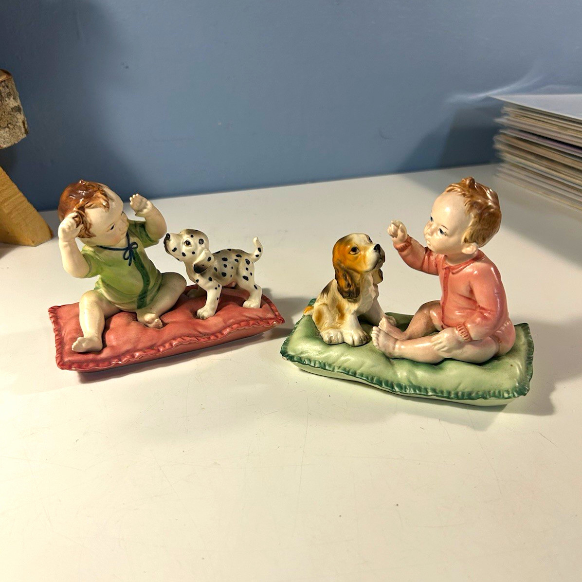Vintage Liberati Italian Porcelain Figurines Pair Baby & Puppies Pillows Italy Vintage Liberati Italian Porcelain Figurines Pair Baby & Puppies Pillows Italy