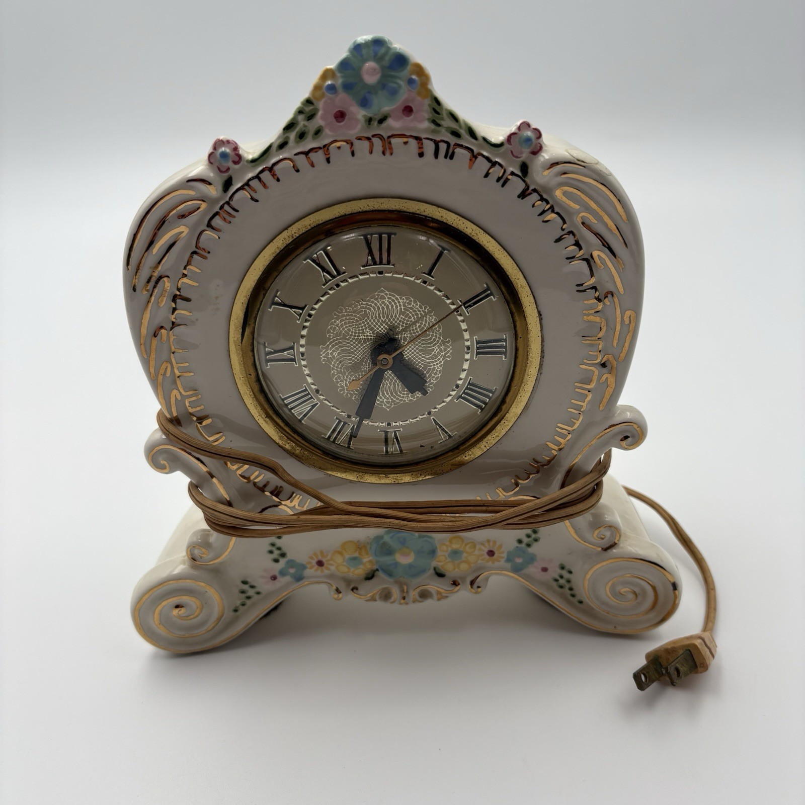 VTG Lanshire Electric Mantel Clock Ceramic Floral Gold Gilt Working 10\