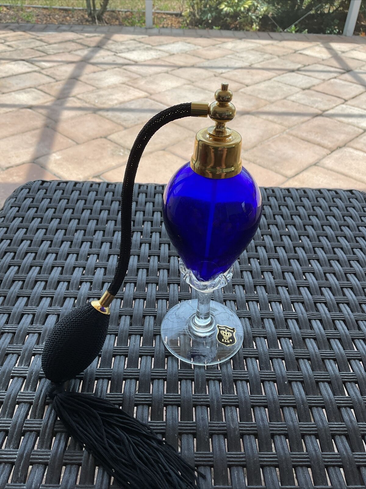 E&R Golden Crown Glass Perfume Bottle Atomizer Cobalt Blue Vanity