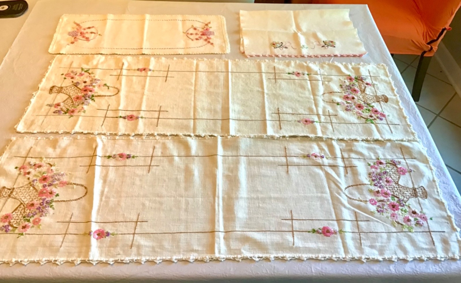 (4) Vintage Hand Embroidered Dresser Scarves, pink floral baskets, bouquets